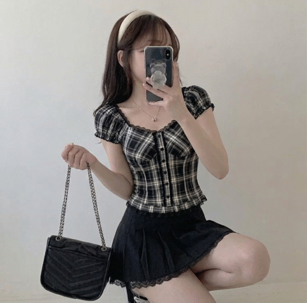Black and White Plaid Vintage Lace Buttoned  Short Sleeve Crop