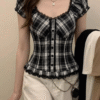 Black and White Plaid Vintage Lace Buttoned  Short Sleeve Crop