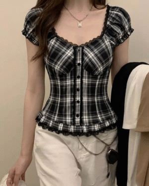 Black and White Plaid Vintage Lace Buttoned  Short Sleeve Crop