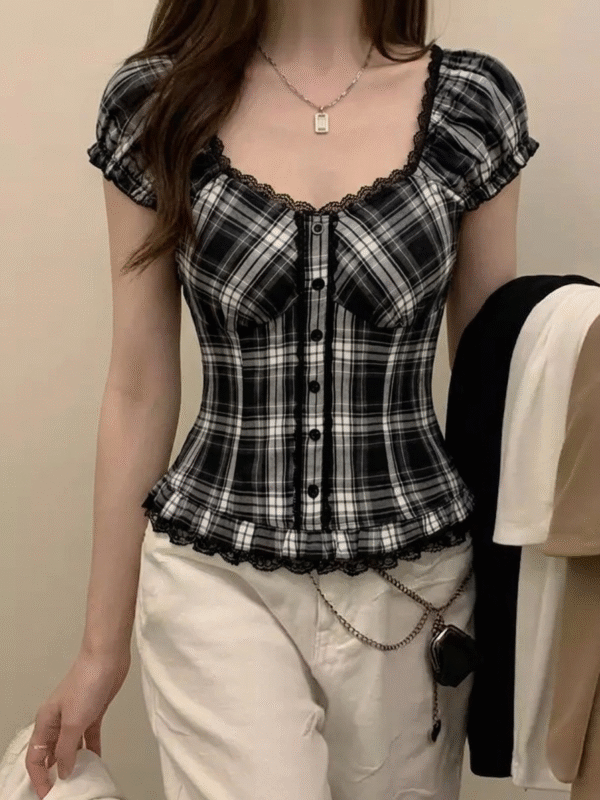 Black and White Plaid Vintage Lace Buttoned  Short Sleeve Crop