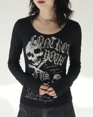 Black Skull Gothic Long Sleeve Crop