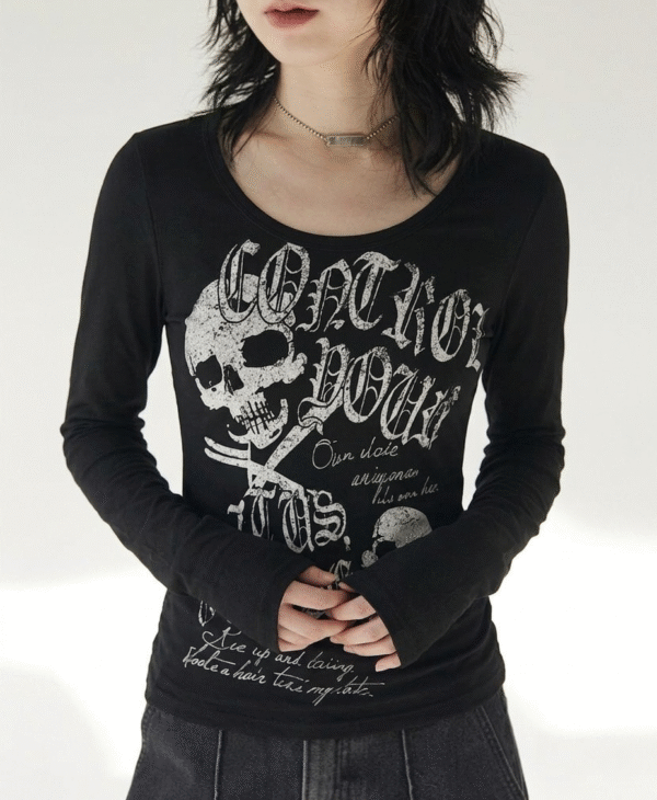 Black Skull Gothic Long Sleeve Crop