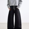Dark Blue Chinese Style Metal-Clasp Jeans
