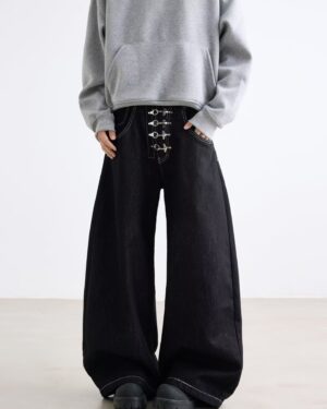 Dark Blue Chinese Style Metal-Clasp Jeans