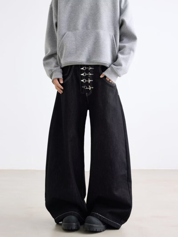 Dark Blue Chinese Style Metal-Clasp Jeans
