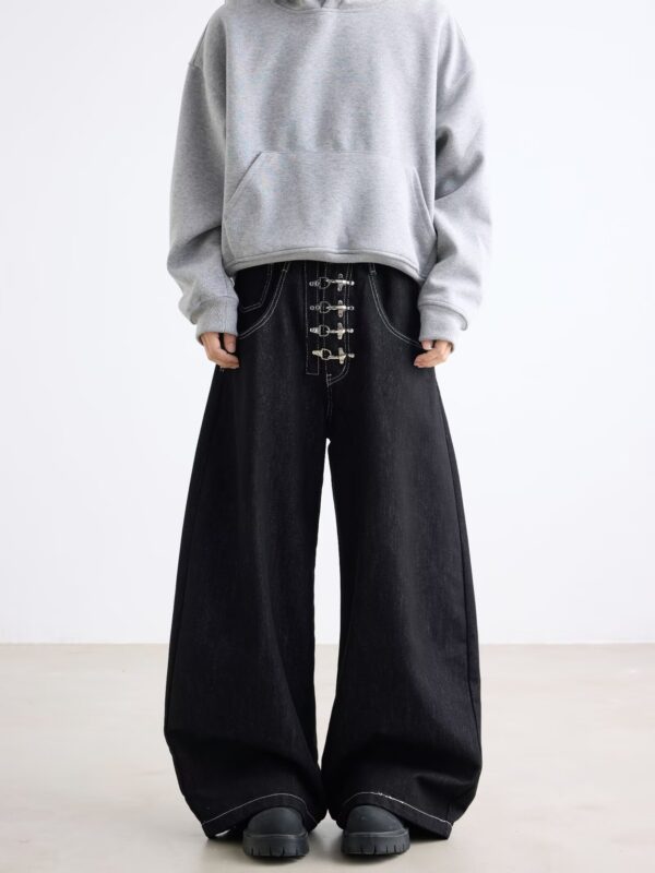 Dark Blue Chinese Style Metal-Clasp Jeans