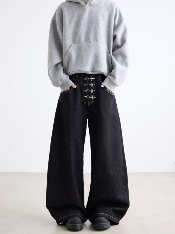 Dark Blue Chinese Style Metal-Clasp Jeans