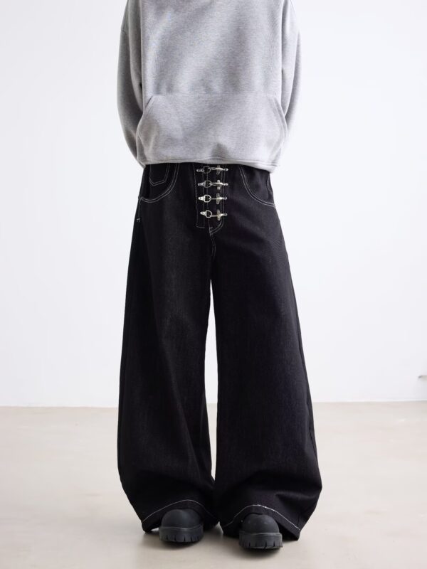 Dark Blue Chinese Style Metal-Clasp Jeans