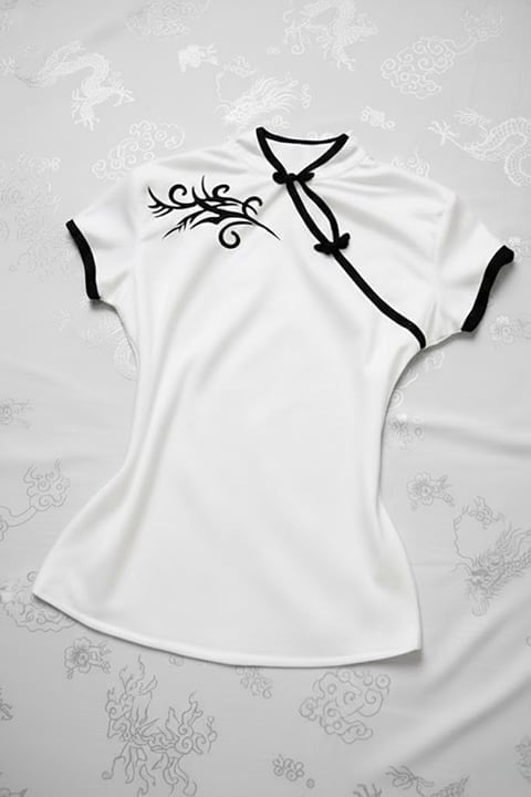 White Chinese Collar Floral Patterned Short Sleeve Crop