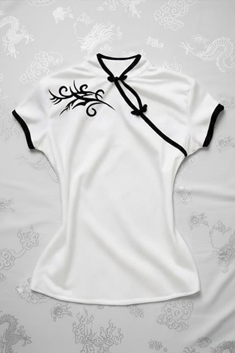 White Chinese Collar Floral Patterned Short Sleeve Crop