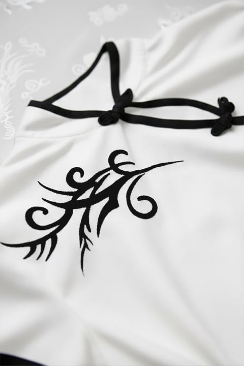 White Chinese Collar Floral Patterned Short Sleeve Crop