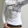 White Vintage Punk Patterned Long Sleeve Crop