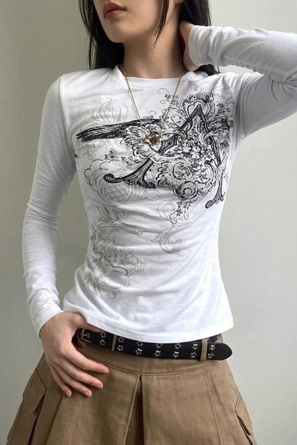 White Vintage Punk Patterned Long Sleeve Crop