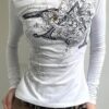White Vintage Punk Patterned Long Sleeve Crop
