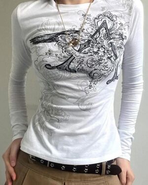 White Vintage Punk Patterned Long Sleeve Crop