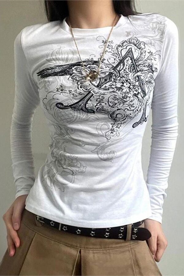 White Vintage Punk Patterned Long Sleeve Crop