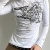 White Vintage Punk Patterned Long Sleeve Crop