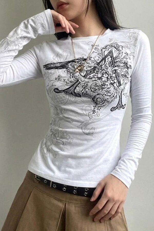 White Vintage Punk Patterned Long Sleeve Crop