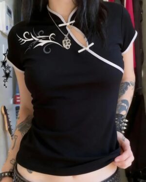 Black Chinese Collar Floral Patterned Short Sleeve Crop