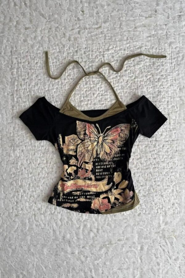 Butterfly Black & Green Extra tiable Madonna Top
