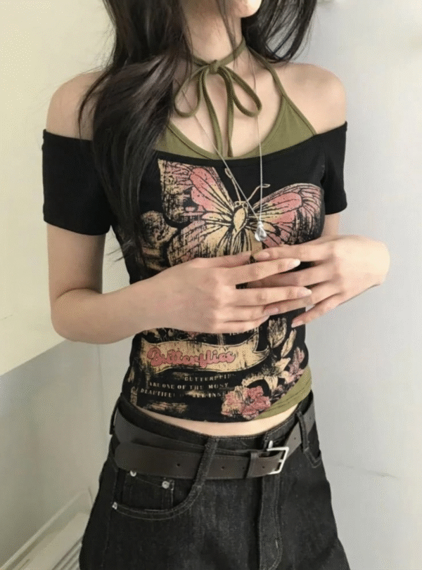 Butterfly Black & Green Extra tiable Madonna Top