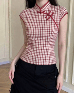 Red Checkered Chinese Style Top