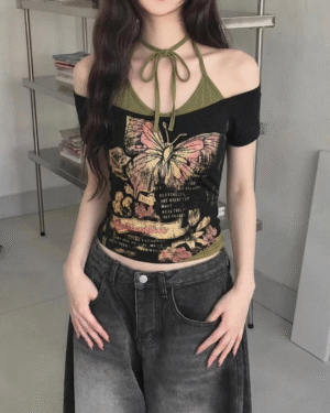Butterfly Black & Green Extra tiable Madonna Top
