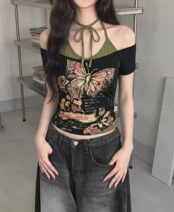 Butterfly Black & Green Extra tiable Madonna Top