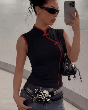 Red & Black Chinese Style Top