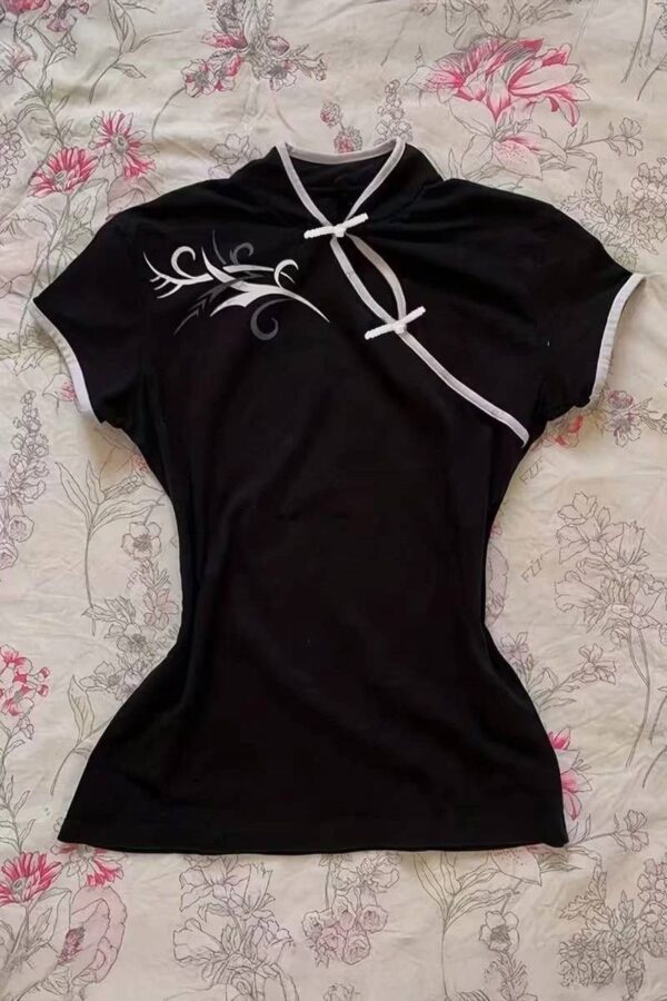 Black Chinese Collar Floral Patterned Short Sleeve Crop