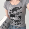 Gray Skull Silver Stars Short Sleeve Crop