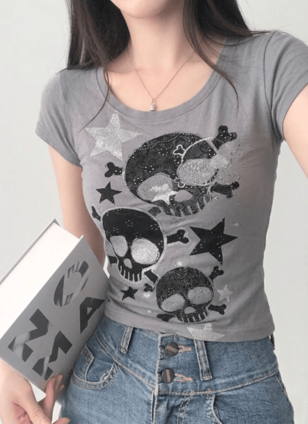 Gray Skull Silver Stars Short Sleeve Crop