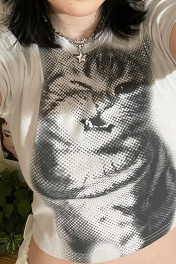 White Faded Cat Short Sleeve Crop