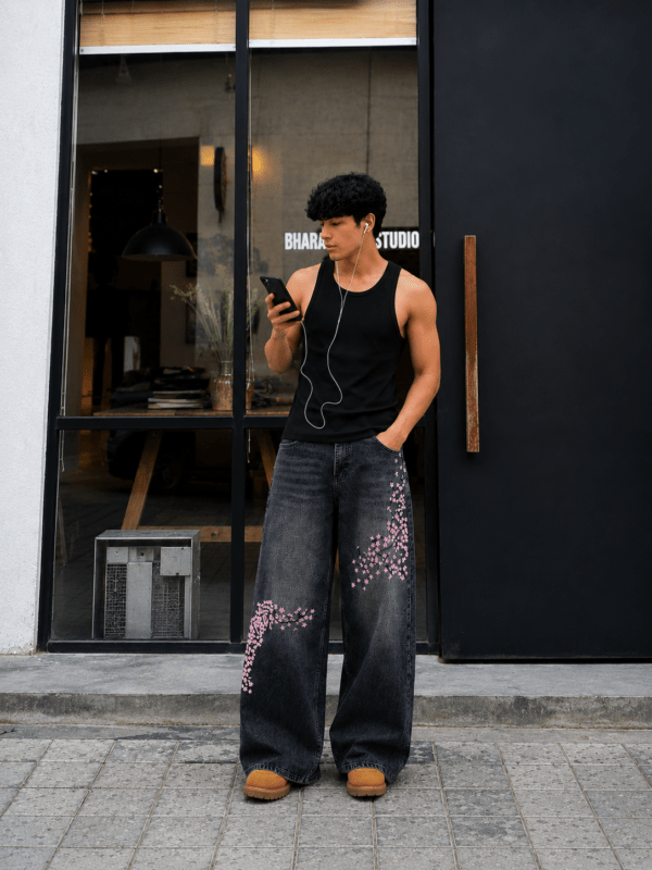 Cherry Blossom Embroidered Unisex Extra Baggy Jeans