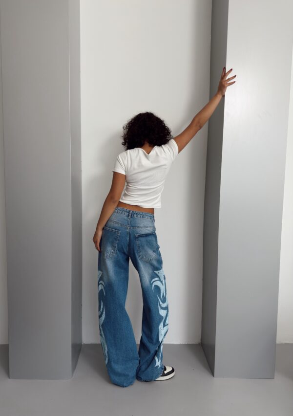 Tribal Graphic Side Printed Baggy Jeans (Longer - White)