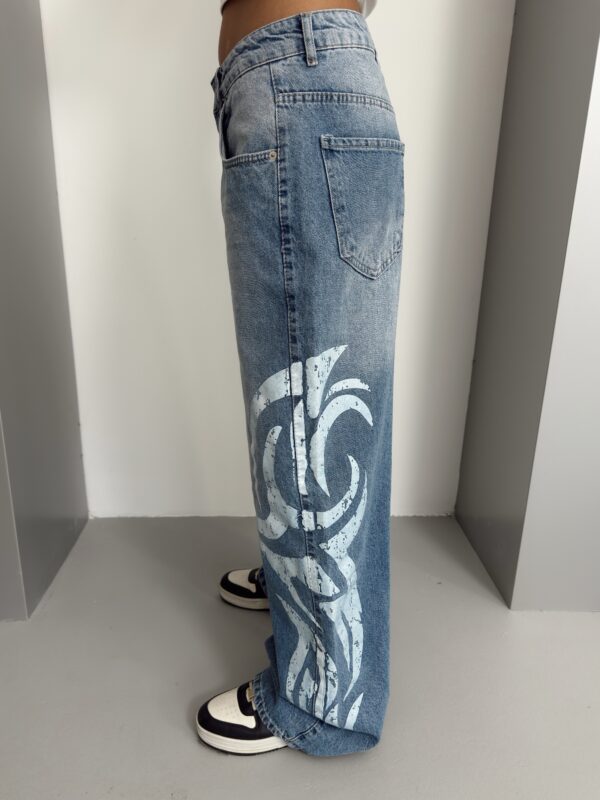 Tribal Graphic Side Printed Baggy Jeans (Longer - White)