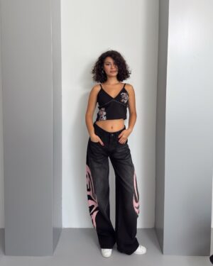 Tribal Graphic Side Printed Baggy Jeans (Longer - Pink)