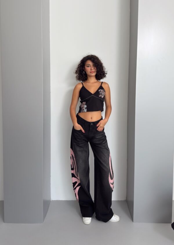 Tribal Graphic Side Printed Baggy Jeans (Longer - Pink)