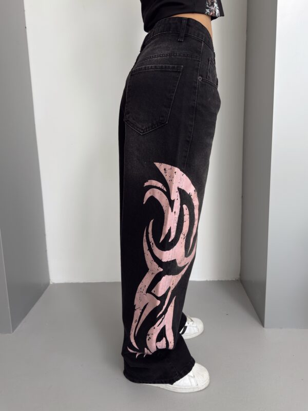 Tribal Graphic Side Printed Baggy Jeans (Longer - Pink)