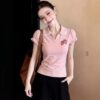 Pink Strawberry Laced V Collar Top