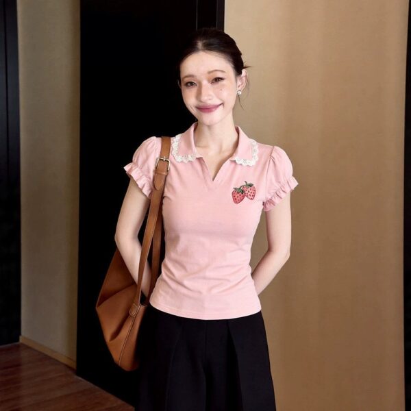 Pink Strawberry Laced V Collar Top