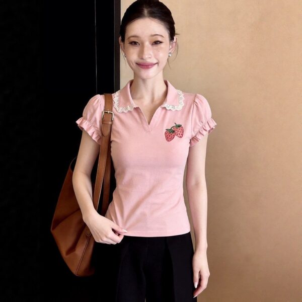 Pink Strawberry Laced V Collar Top