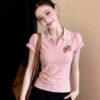 Pink Strawberry Laced V Collar Top