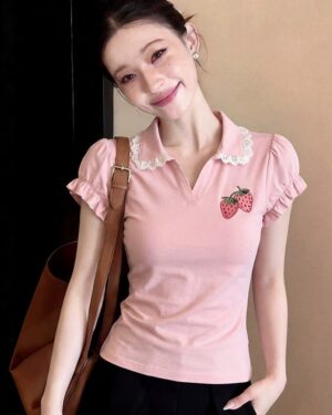 img_0449 Pink Strawberry Laced V Collar Top