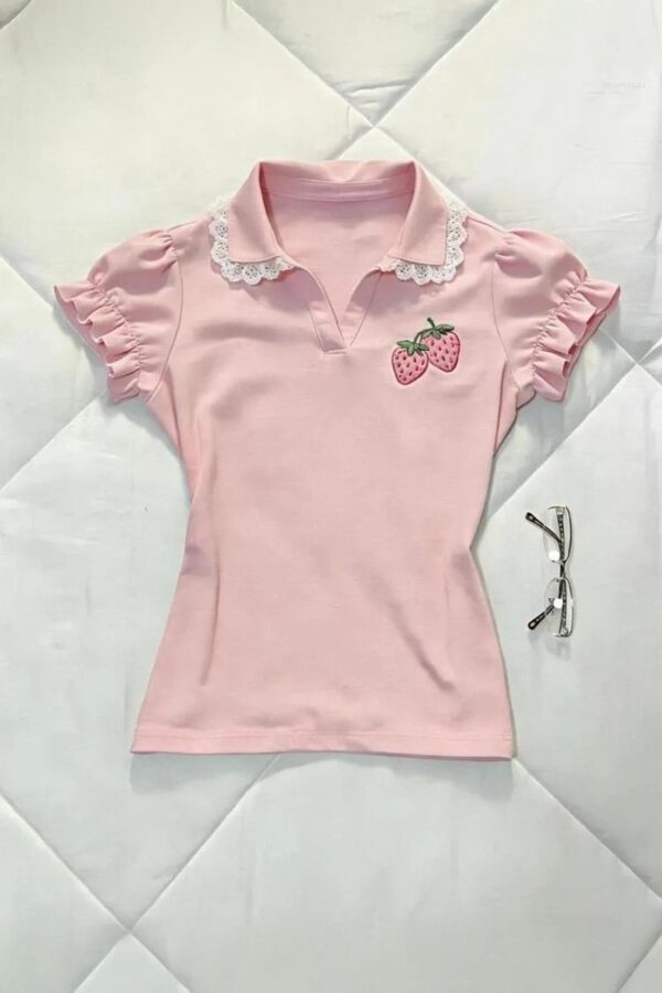 Pink Strawberry Laced V Collar Top