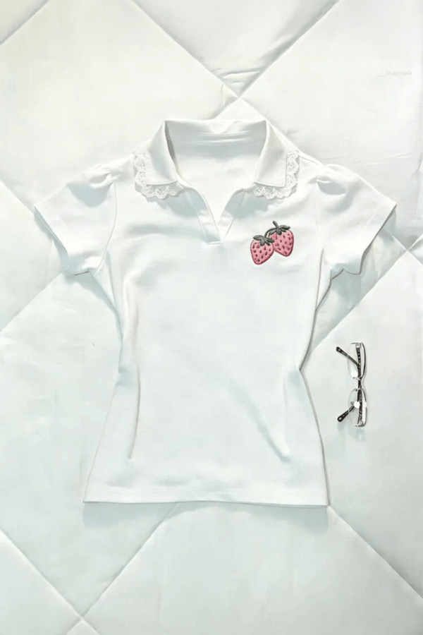 White Strawberry Laced V Collar Top