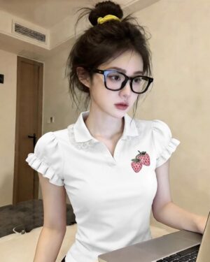 img_0457 White Strawberry Laced V Collar Top