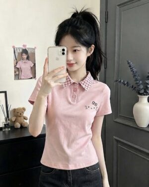 img_0469 Pink Checkered Collar Hello Kitty Top