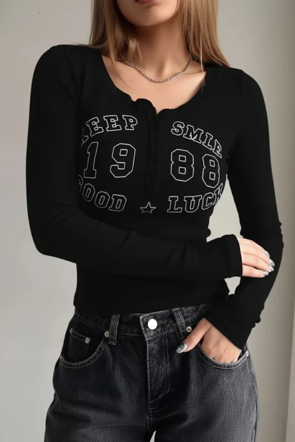 Keep Smile Buttoned Long Sleeve Top