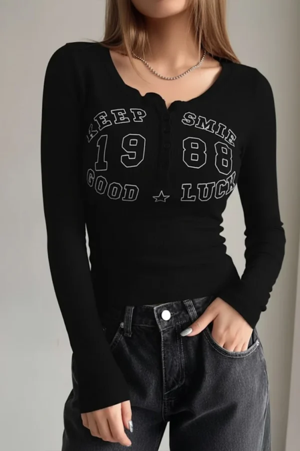 Keep Smile Buttoned Long Sleeve Top